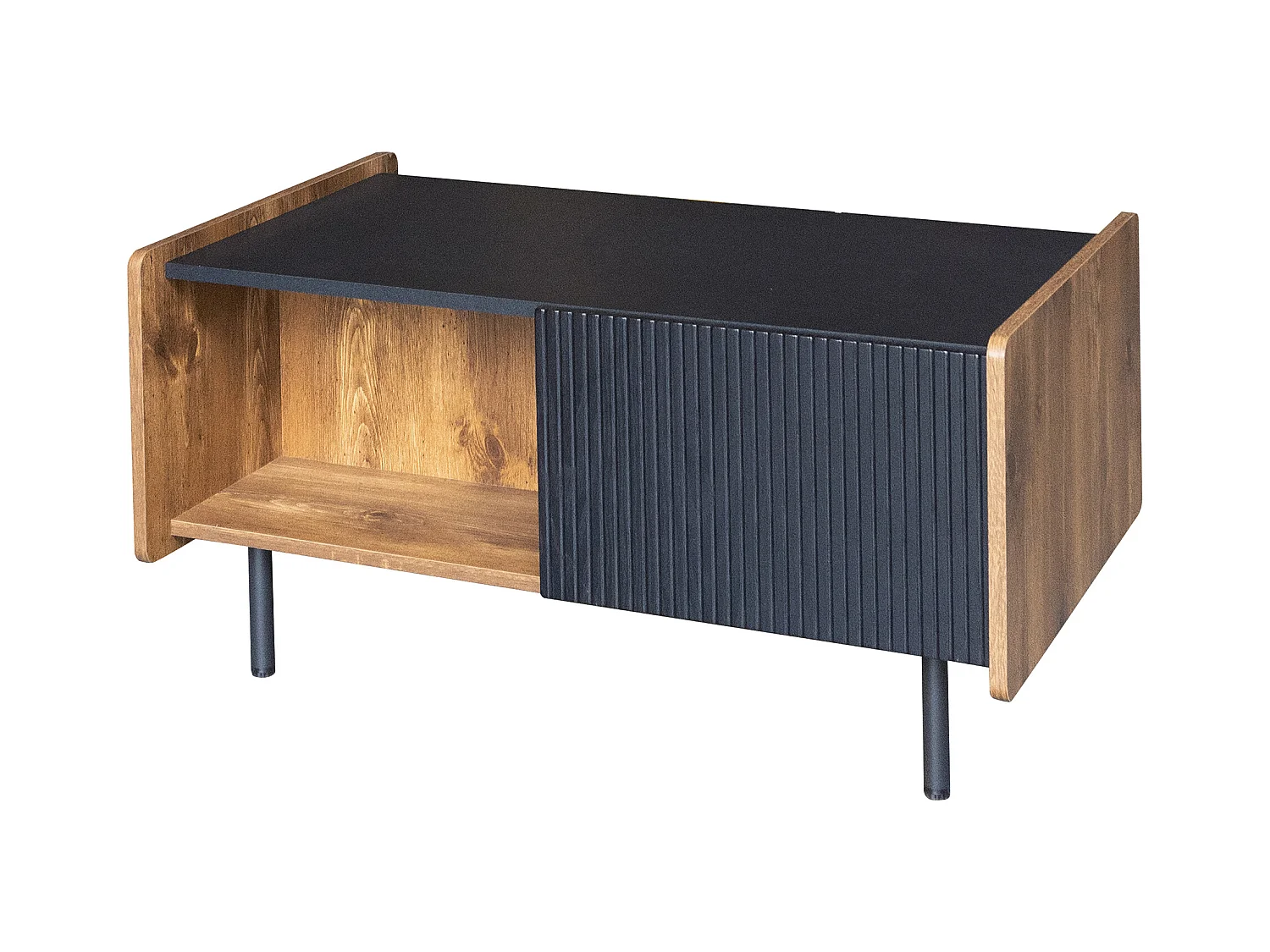 90 cm Schwarze und Holzfarbene Couchtisch – 2 Offene Fächer und 2 Türen