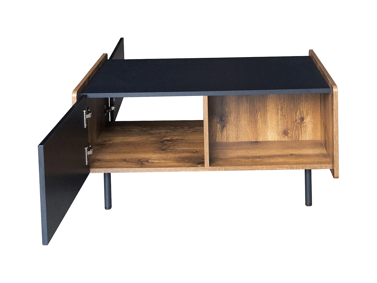 90 cm Schwarze und Holzfarbene Couchtisch – 2 Offene Fächer und 2 Türen