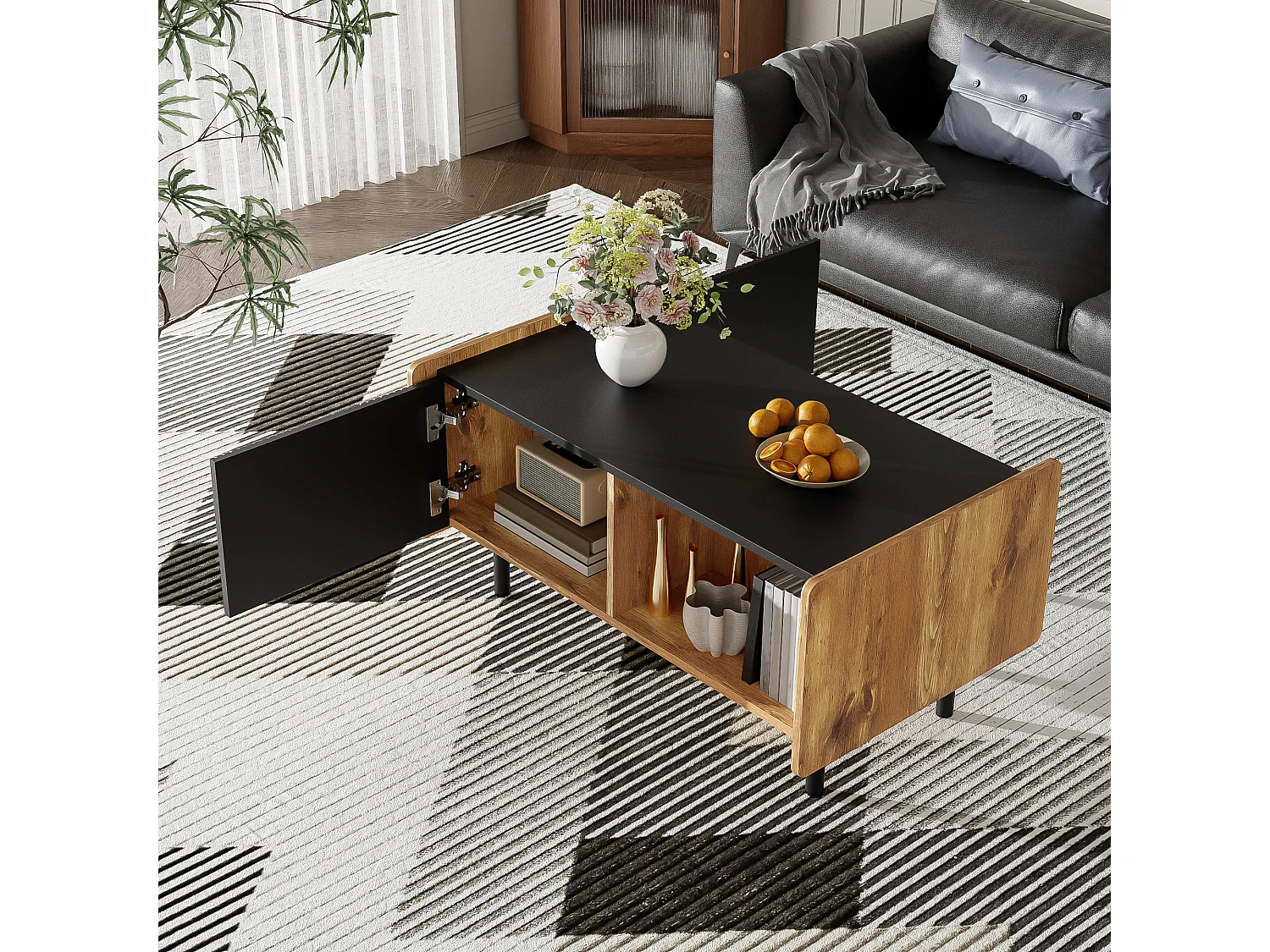 90 cm Schwarze und Holzfarbene Couchtisch – 2 Offene Fächer und 2 Türen