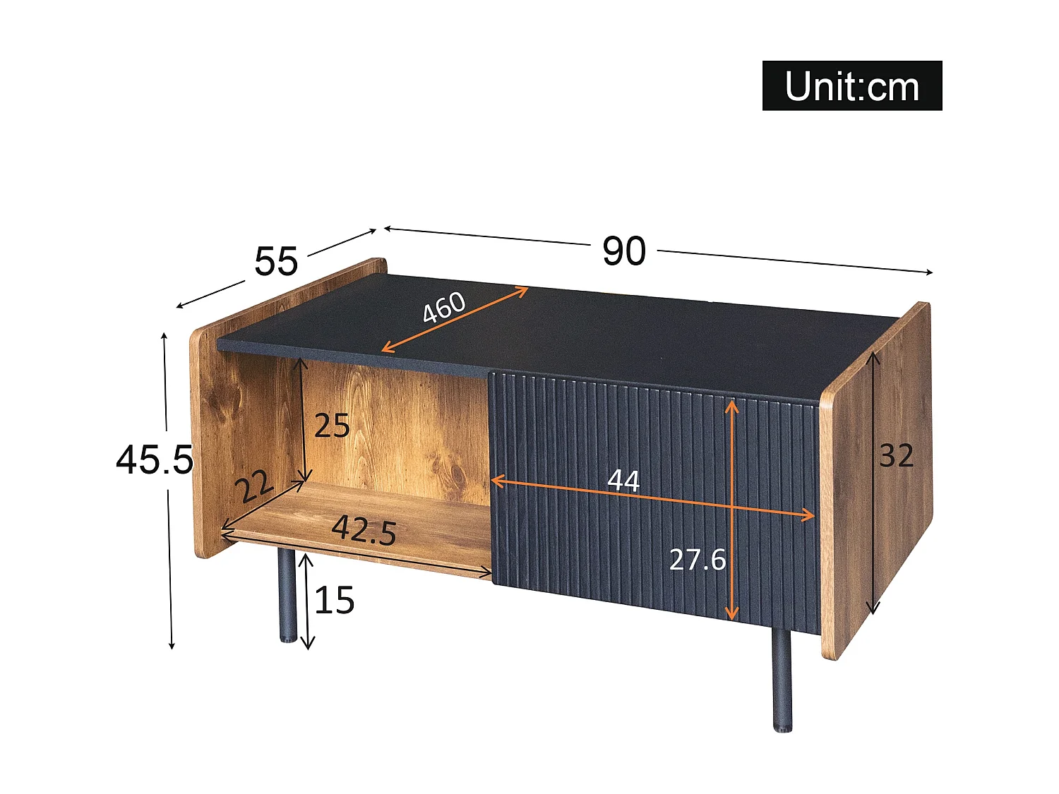 90 cm Schwarze und Holzfarbene Couchtisch – 2 Offene Fächer und 2 Türen