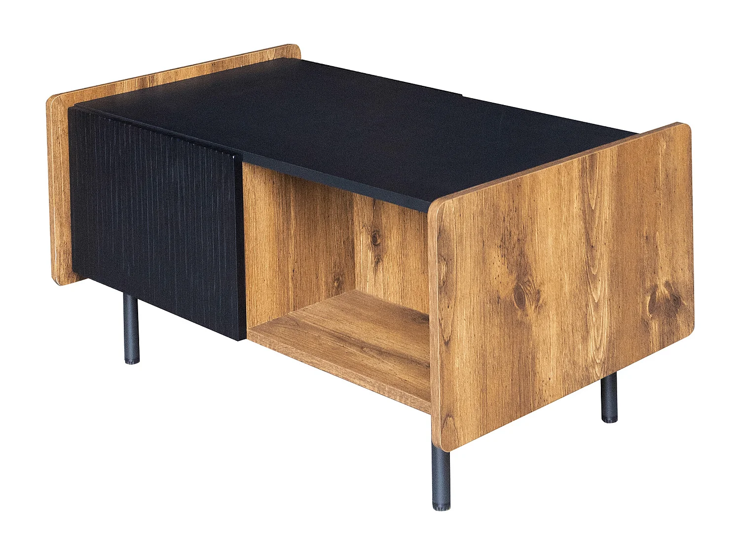 90 cm Schwarze und Holzfarbene Couchtisch – 2 Offene Fächer und 2 Türen