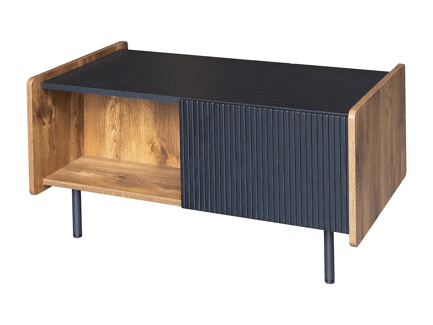 90 cm Schwarze und Holzfarbene Couchtisch – 2 Offene Fächer und 2 Türen