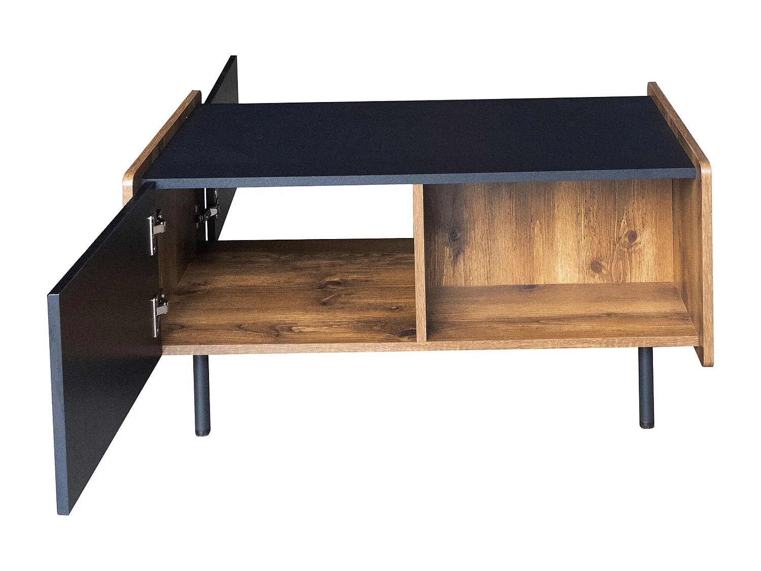 90 cm Schwarze und Holzfarbene Couchtisch – 2 Offene Fächer und 2 Türen