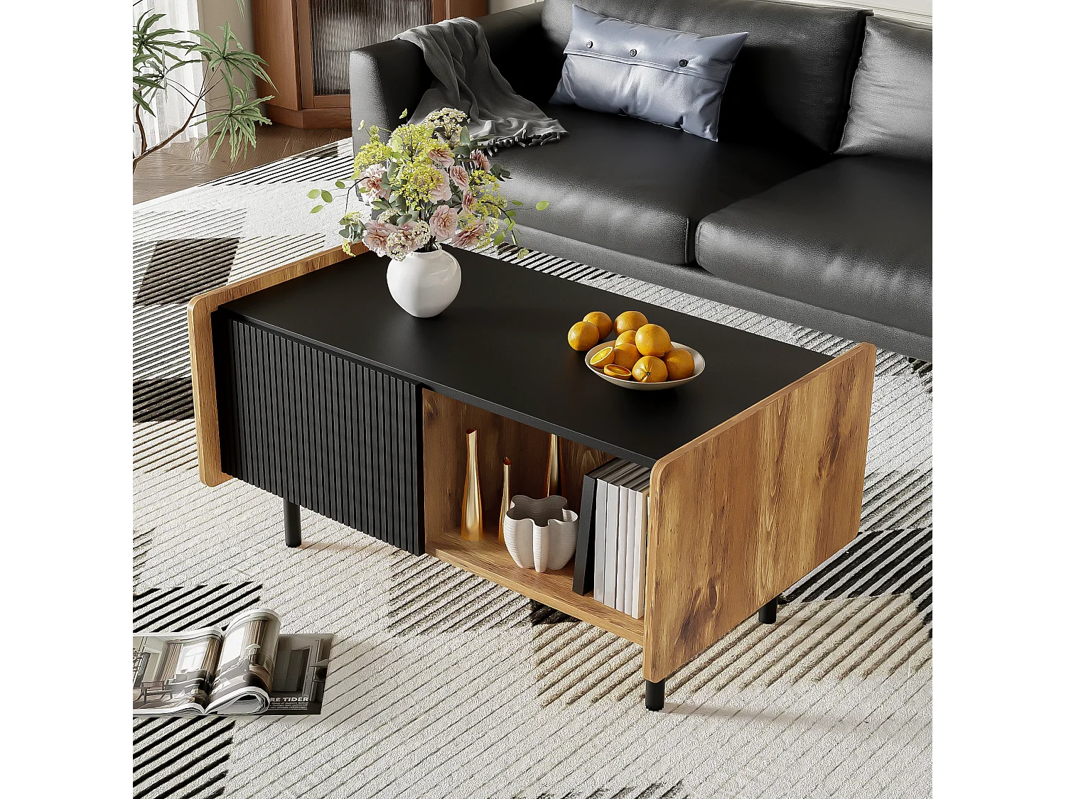 90 cm Schwarze und Holzfarbene Couchtisch – 2 Offene Fächer und 2 Türen