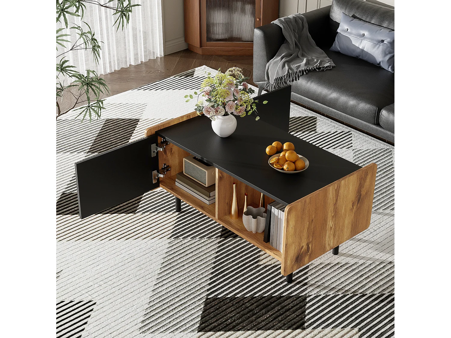 90 cm Schwarze und Holzfarbene Couchtisch – 2 Offene Fächer und 2 Türen