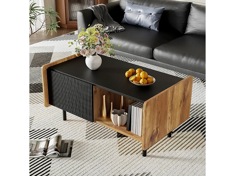 90 cm Schwarze und Holzfarbene Couchtisch – 2 Offene Fächer und 2 Türen