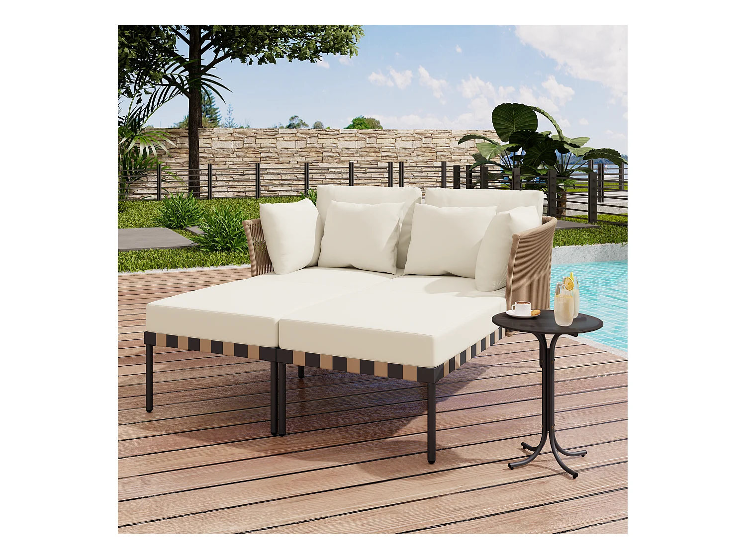Canapé de jardin, chaise longue d'extérieur, ensemble de meubles de balcon, meubles de salon, beige