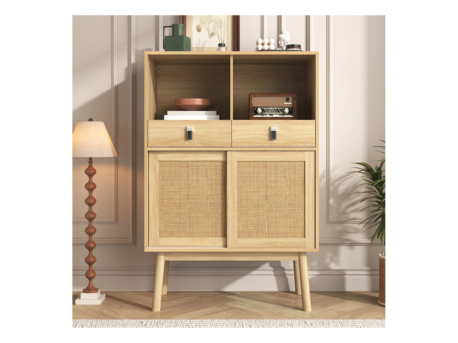 Buffet 80x39,5x120 cm, véritable tressage en rotin, deux tiroirs, deux portes et deux compartiments ouverts, pieds de table de 28 cm de hauteur