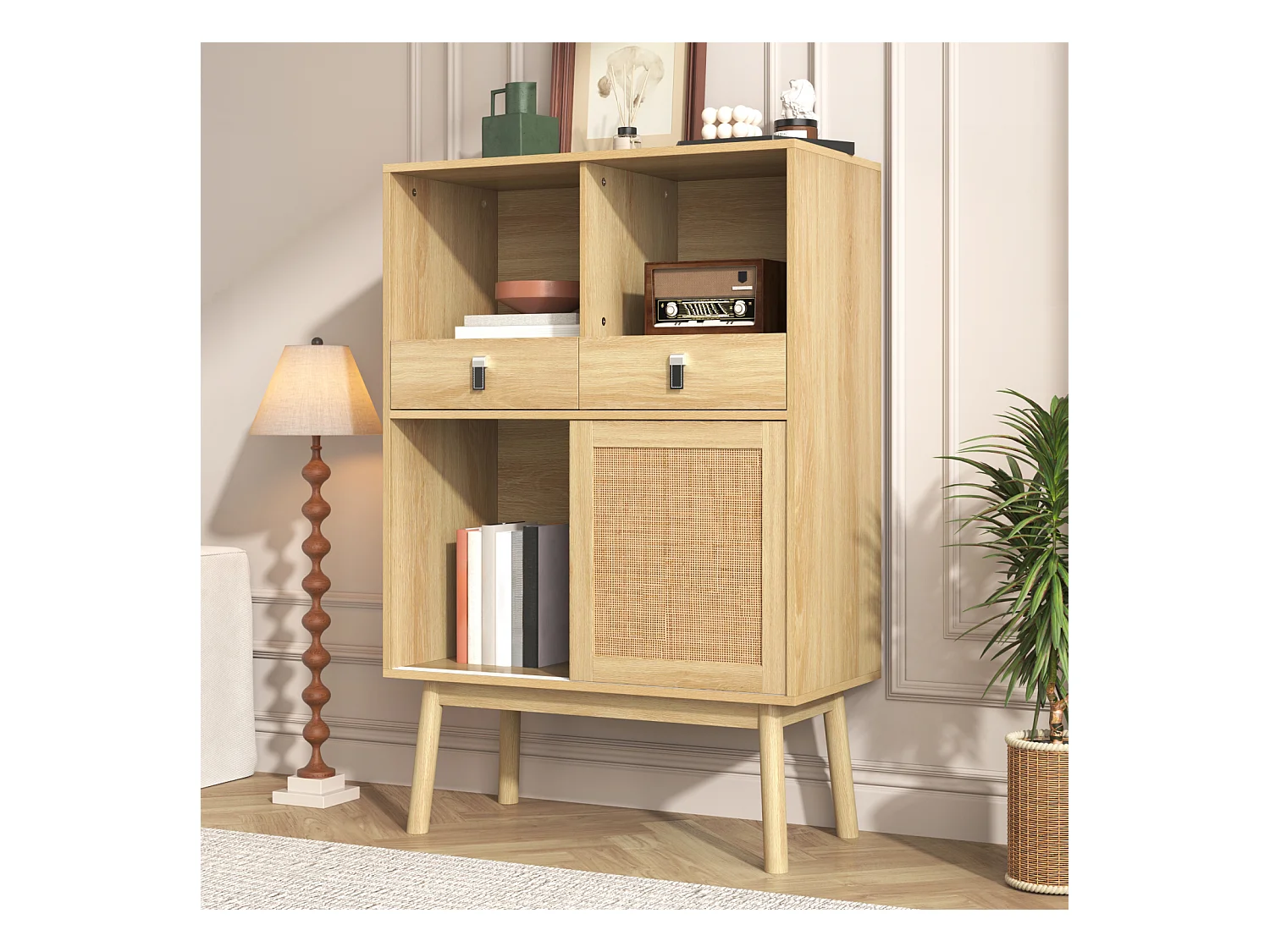 Buffet 80x39,5x120 cm, véritable tressage en rotin, deux tiroirs, deux portes et deux compartiments ouverts, pieds de table de 28 cm de hauteur