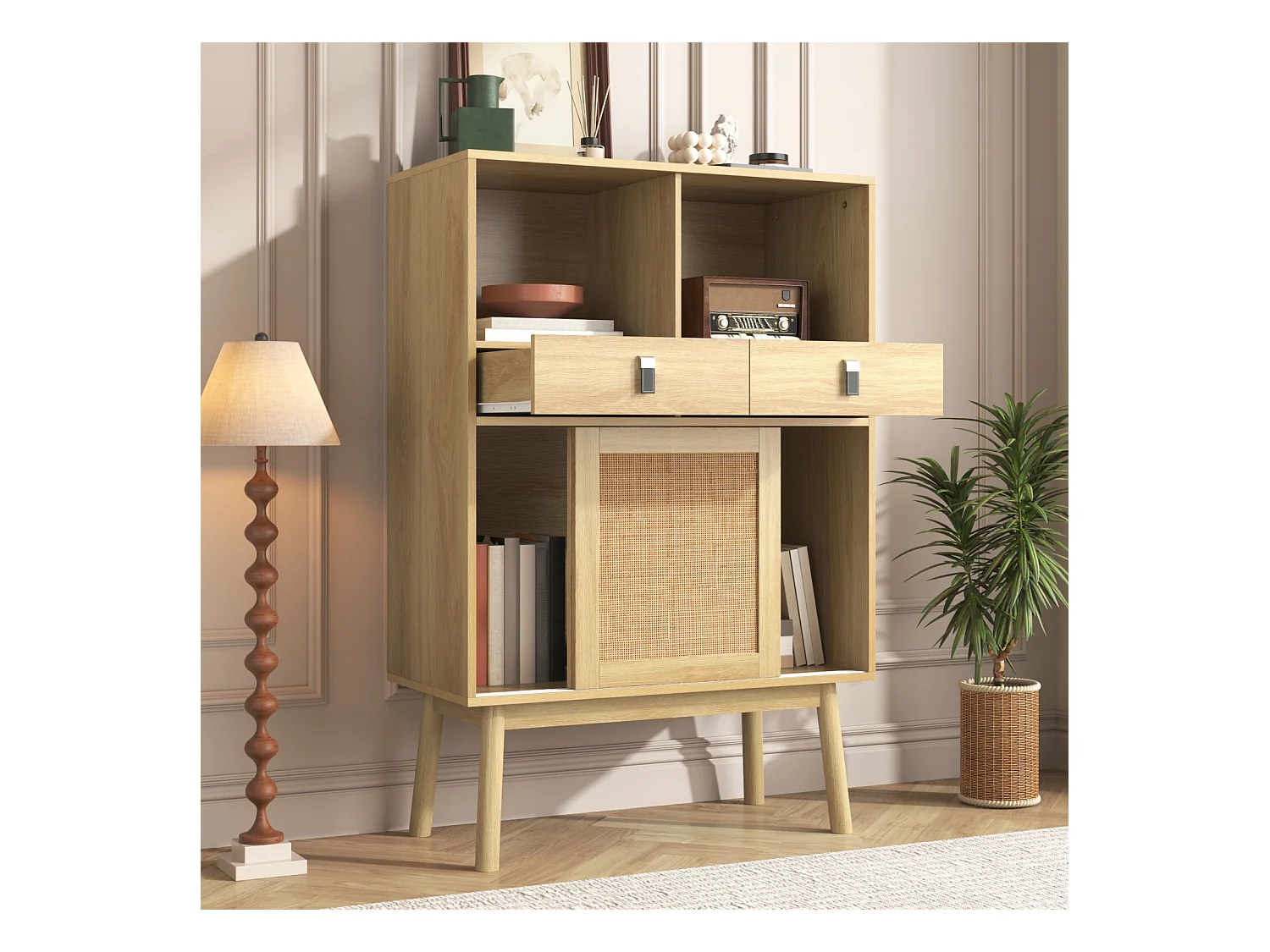 Buffet 80x39,5x120 cm, véritable tressage en rotin, deux tiroirs, deux portes et deux compartiments ouverts, pieds de table de 28 cm de hauteur