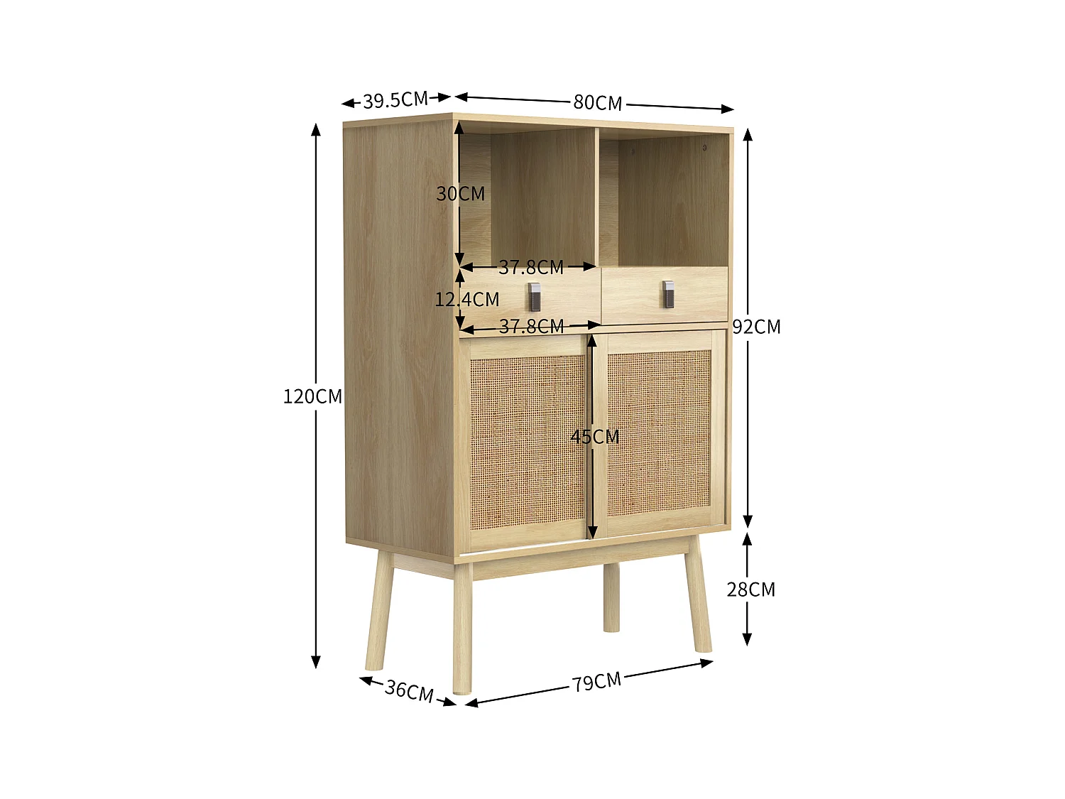 Buffet 80x39,5x120 cm, véritable tressage en rotin, deux tiroirs, deux portes et deux compartiments ouverts, pieds de table de 28 cm de hauteur
