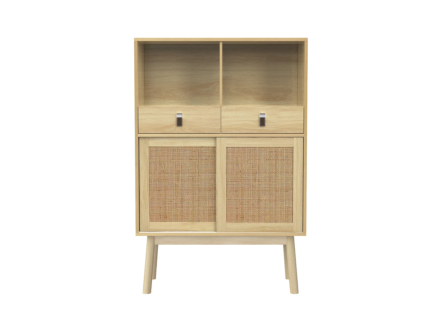 Buffet 80x39,5x120 cm, véritable tressage en rotin, deux tiroirs, deux portes et deux compartiments ouverts, pieds de table de 28 cm de hauteur