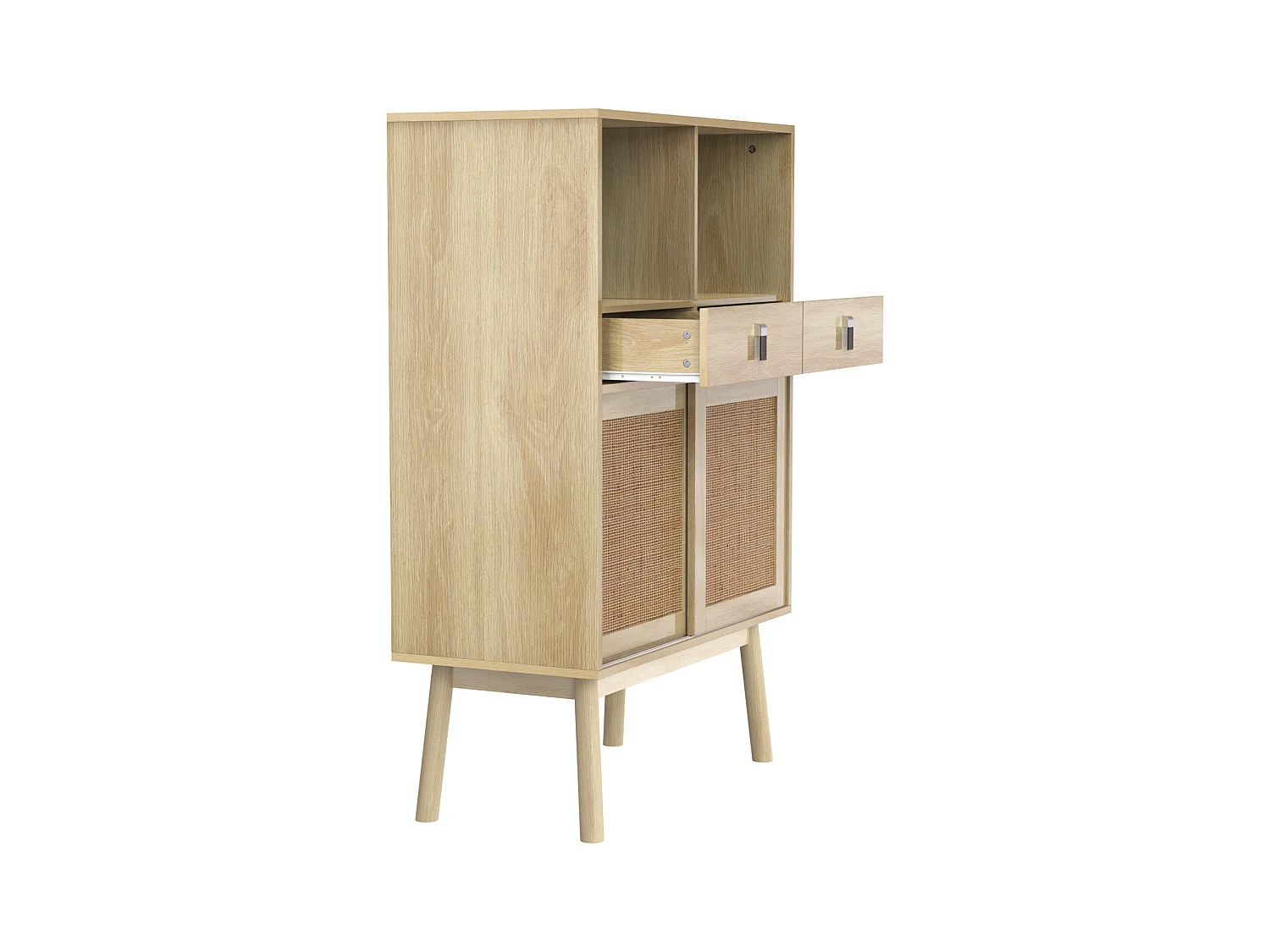 Buffet 80x39,5x120 cm, véritable tressage en rotin, deux tiroirs, deux portes et deux compartiments ouverts, pieds de table de 28 cm de hauteur