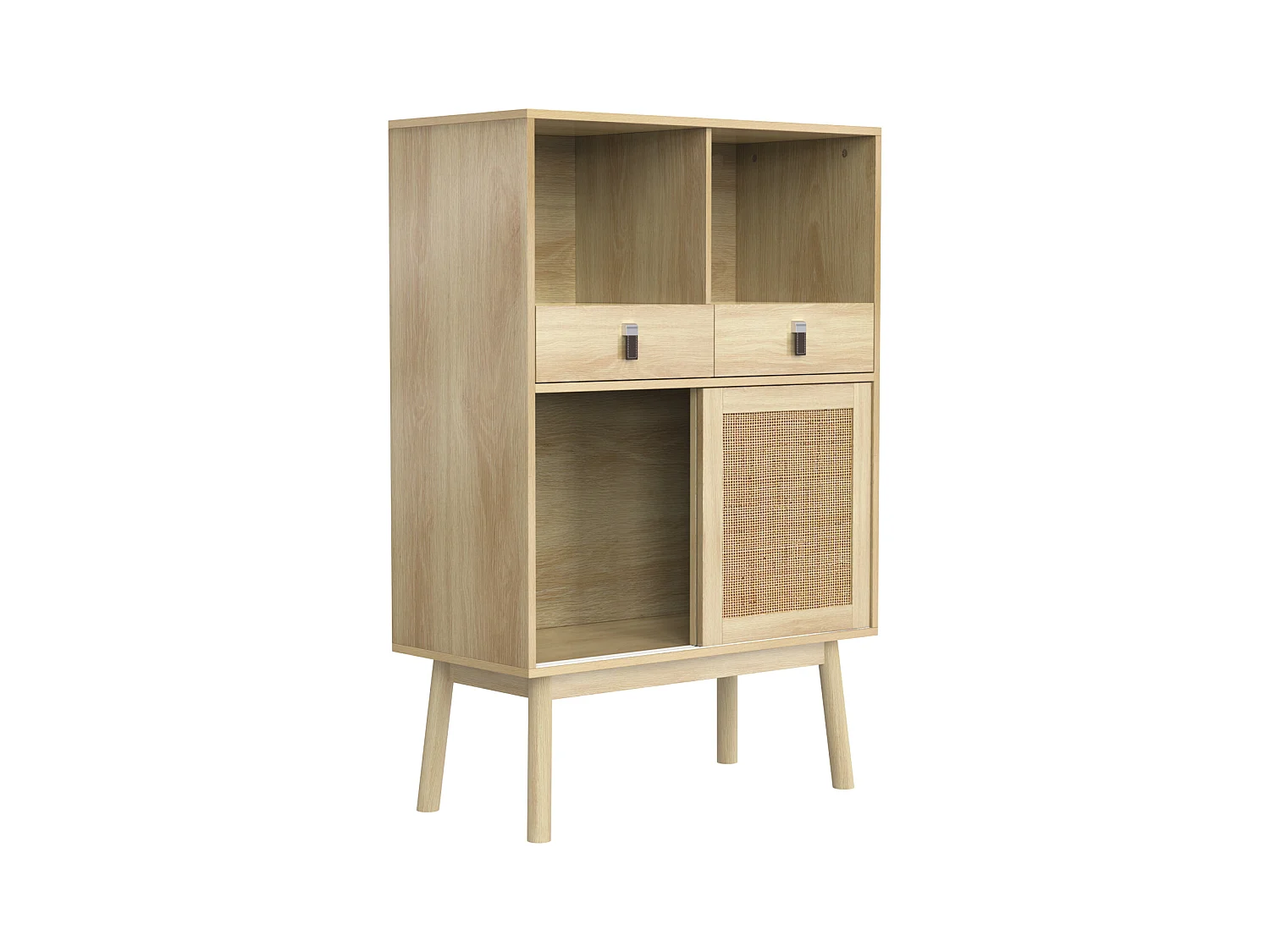 Buffet 80x39,5x120 cm, véritable tressage en rotin, deux tiroirs, deux portes et deux compartiments ouverts, pieds de table de 28 cm de hauteur