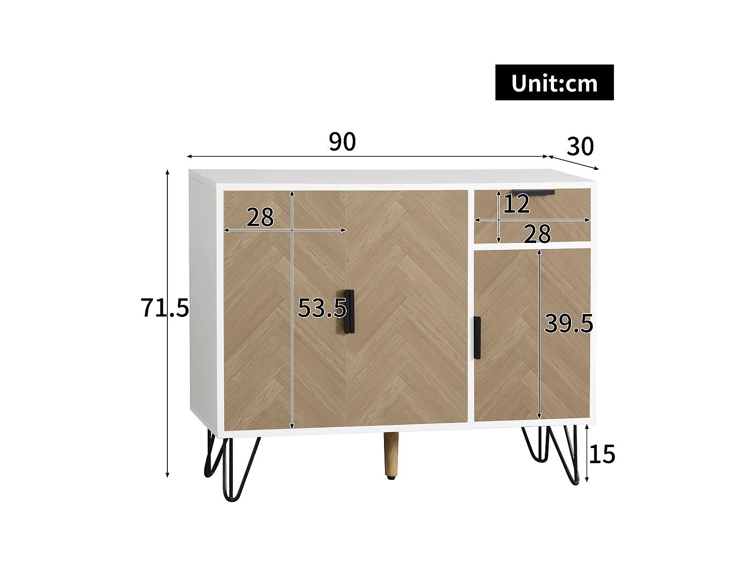 Meuble de rangement moderne, buffet avec tiroir et étagères réglables en hauteur (90 x 30 x 71,5 cm)