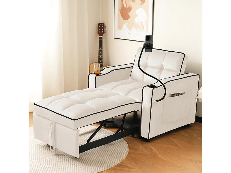 3-in-1 Ausziehbares Einzel-Schlafsofa – Mit Getränkehaltern und Handyhalter, Sofa-Liegestuhl, Schlafstuhl, Sessel