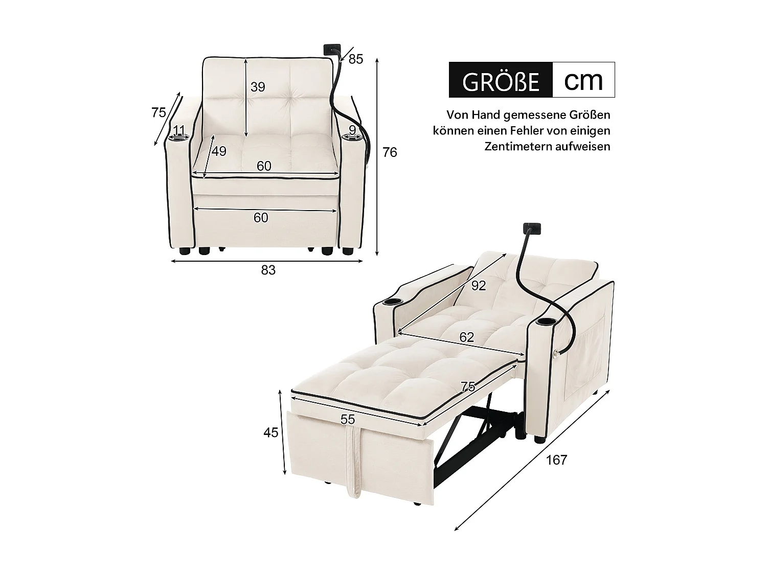 Canapé-lit gigogne 3 en 1 – avec porte-gobelets et support pour téléphone, canapé-lit, fauteuil-lit et fauteuil