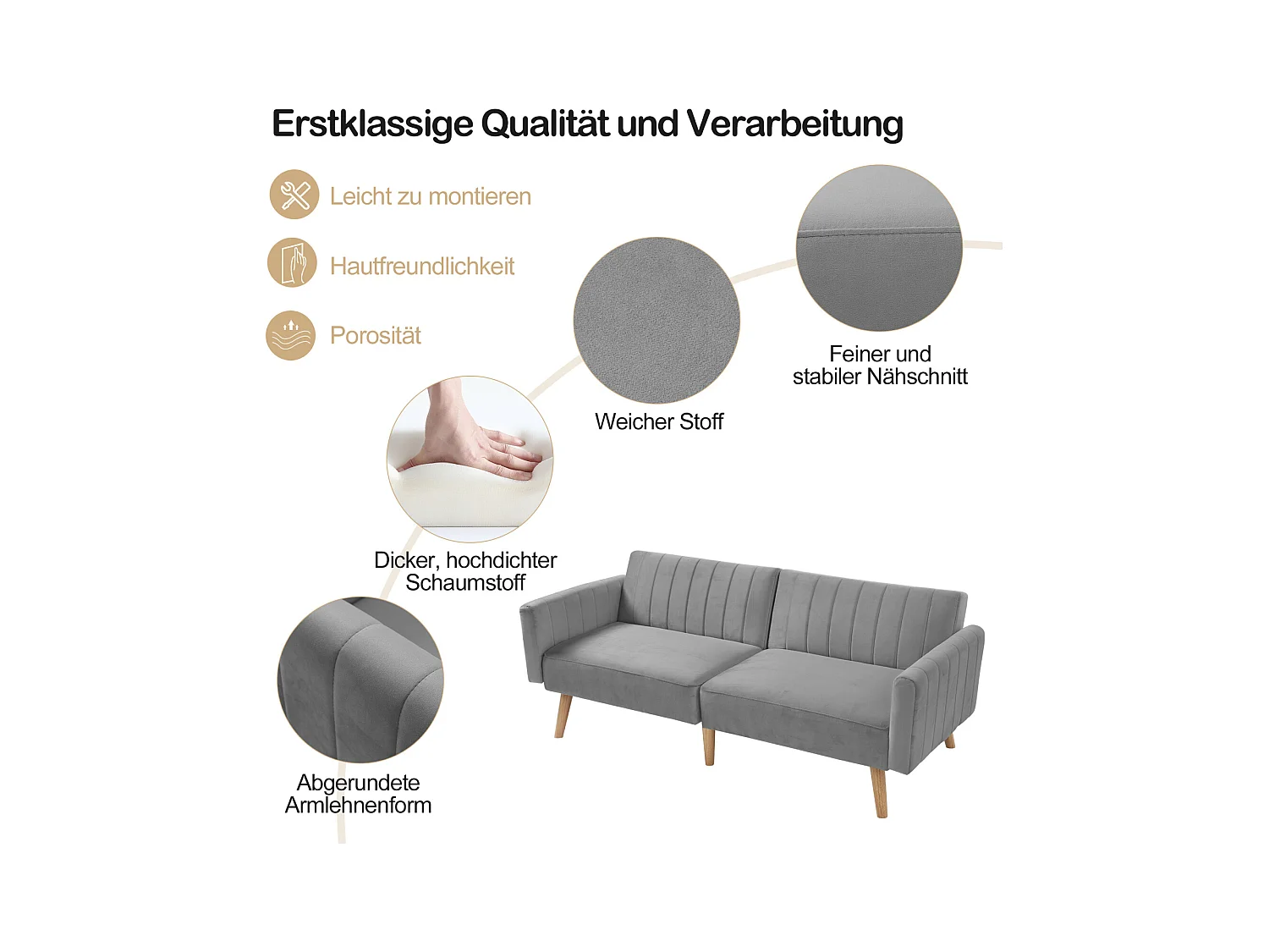 Canapé-lit 2 en 1, canapé-lit minimaliste moderne, canapé pliant multifonctionnel, pieds en bois d'hévéa écologiques, dossier rabattable à 3 voies