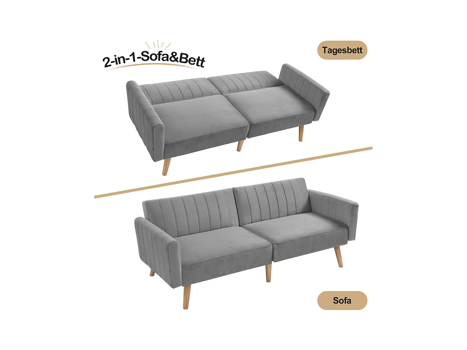 Canapé-lit 2 en 1, canapé-lit minimaliste moderne, canapé pliant multifonctionnel, pieds en bois d'hévéa écologiques, dossier rabattable à 3 voies