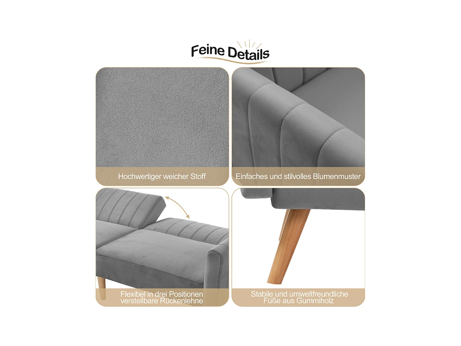 Canapé-lit 2 en 1, canapé-lit minimaliste moderne, canapé pliant multifonctionnel, pieds en bois d'hévéa écologiques, dossier rabattable à 3 voies