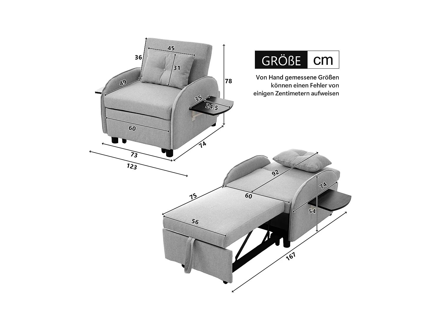 Sofá cama individual extraíble multifuncional: con función de cama, sillón y sillón, sofá cama ajustable en tres posiciones, mesas de té plegables