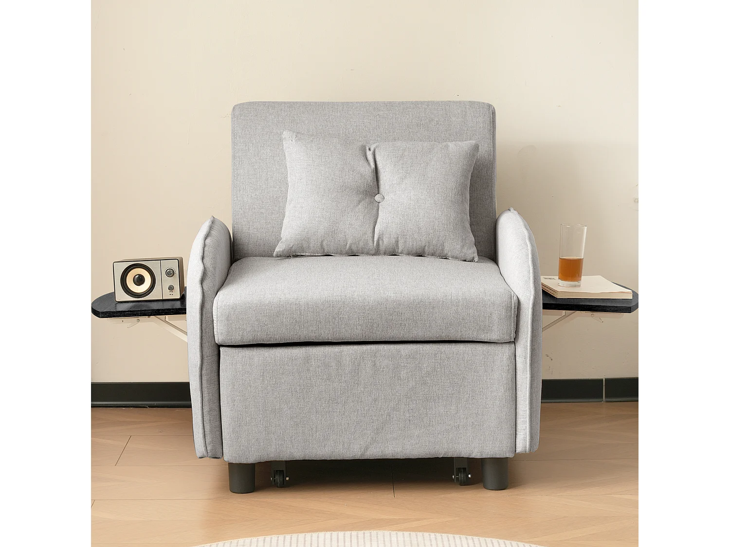 Sofá-cama individual multifuncional com função de cama, poltrona e cadeirão, sofá-cama ajustável em três direções, mesas de chá dobráveis