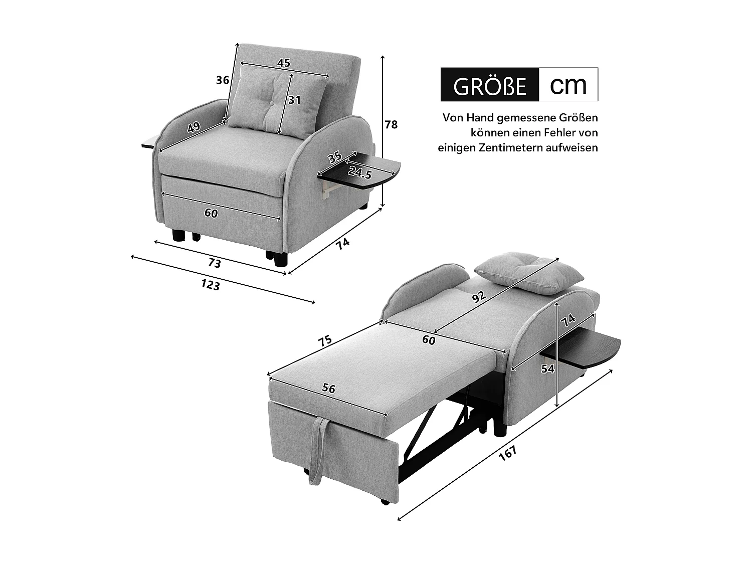 Sofá-cama individual multifuncional com função de cama, poltrona e cadeirão, sofá-cama ajustável em três direções, mesas de chá dobráveis