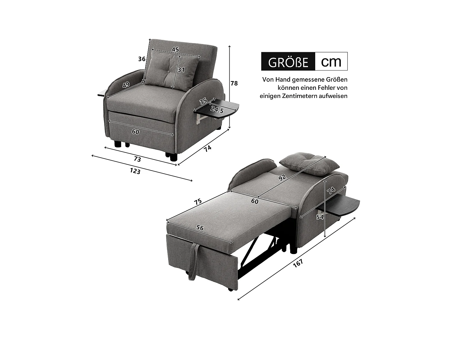 Multifunctionele uitschuifbare eenpersoons slaapbank – met bedfunctie, loungestoel en fauteuil, drievoudig verstelbare slaapbank, opklapbare theetafels