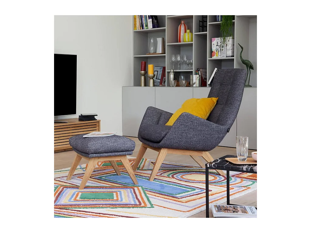 Habitat - Repose-pieds en tissu Lucca - Bleu zingué - Pieds chêne - Dena