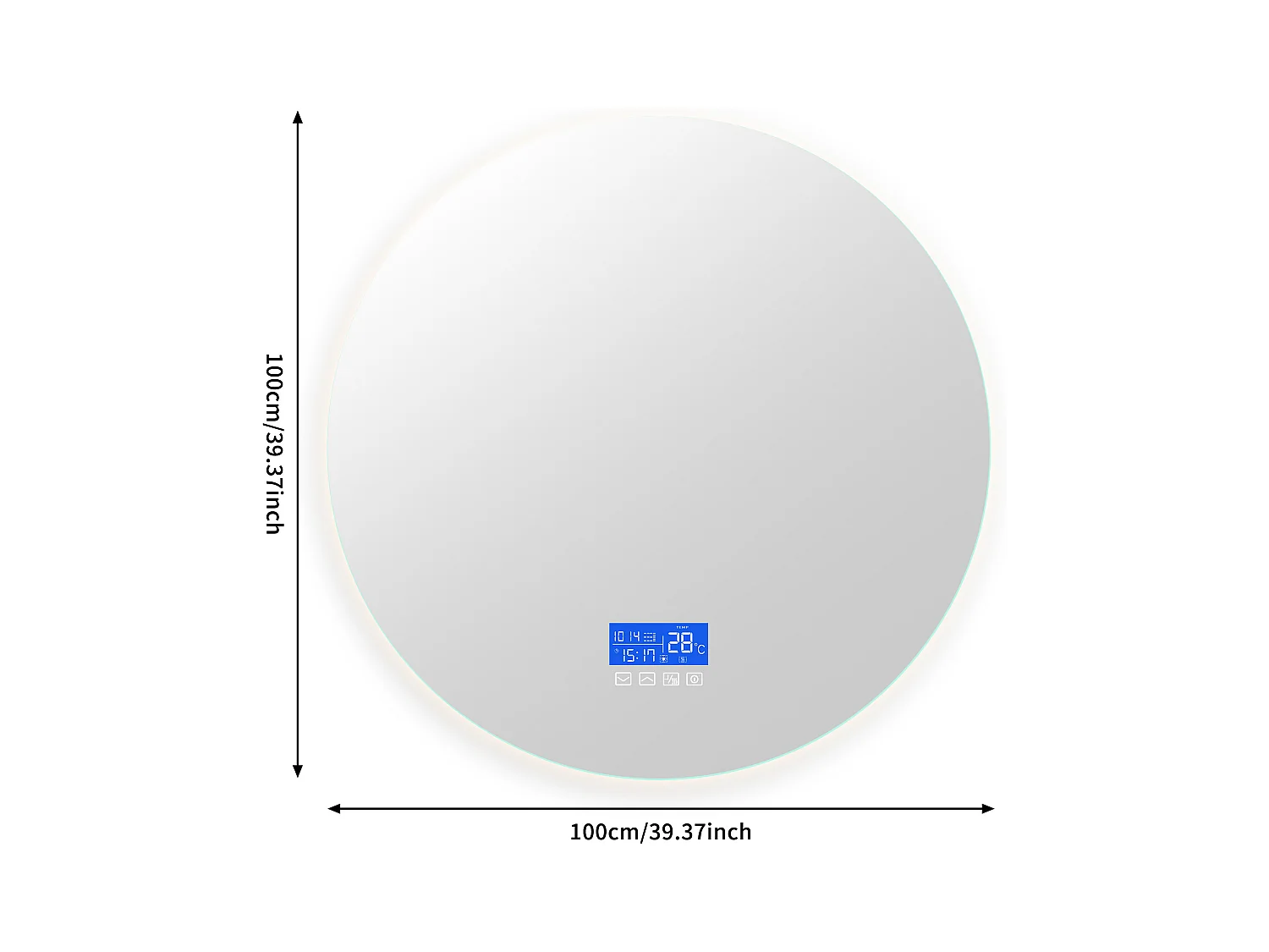 Miroir de salle de bain, affichage de la température, fonction anti-buée, réglage de la luminosité, D100CM