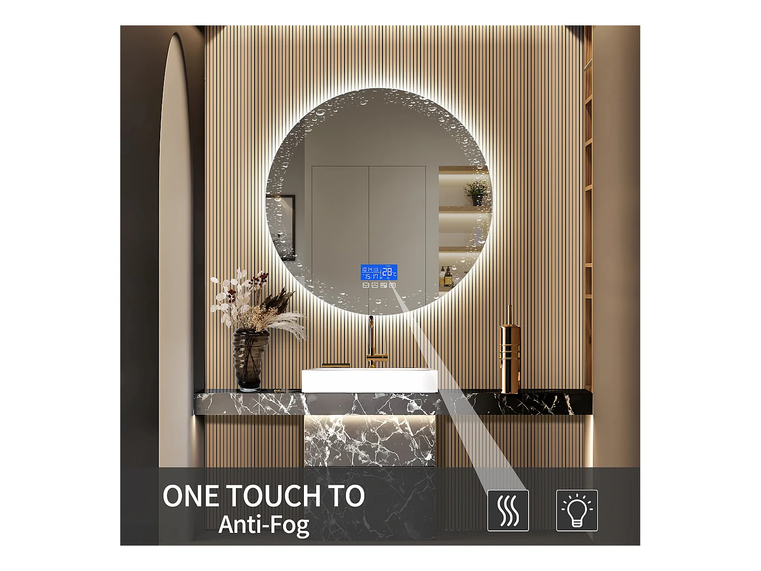 Miroir de salle de bain, affichage de la température, fonction anti-buée, réglage de la luminosité, D100CM