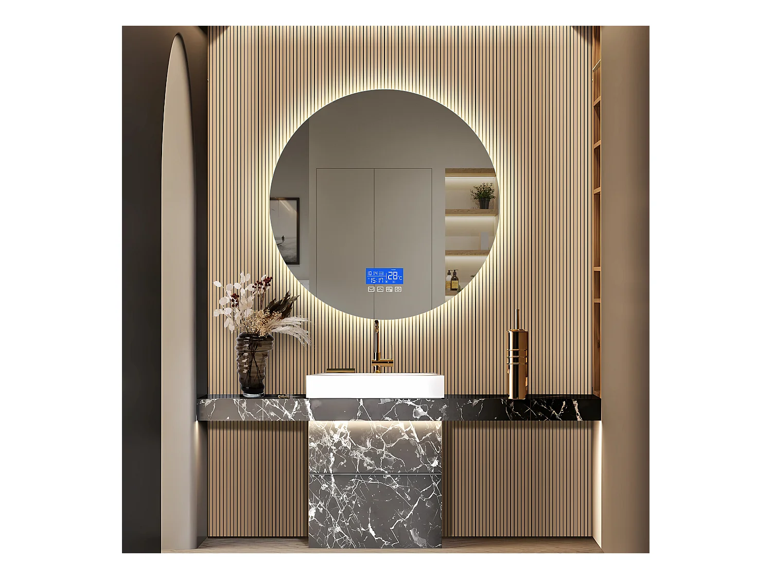 Espejo de baño, pantalla de temperatura, función antivaho, ajuste de brillo, D100CM