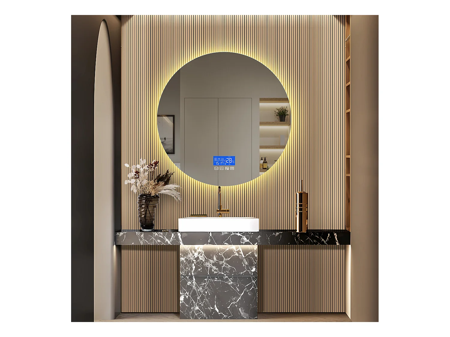 Espejo de baño, pantalla de temperatura, función antivaho, ajuste de brillo, D100CM