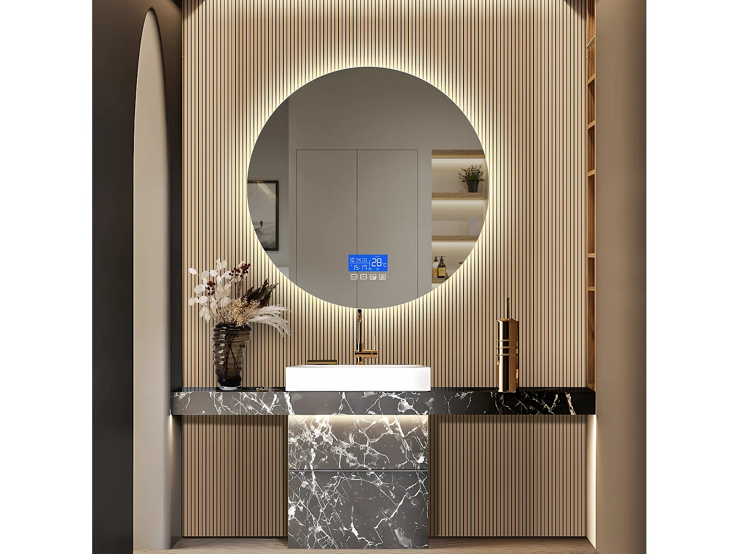 Espejo de baño, pantalla de temperatura, función antivaho, ajuste de brillo, D100CM