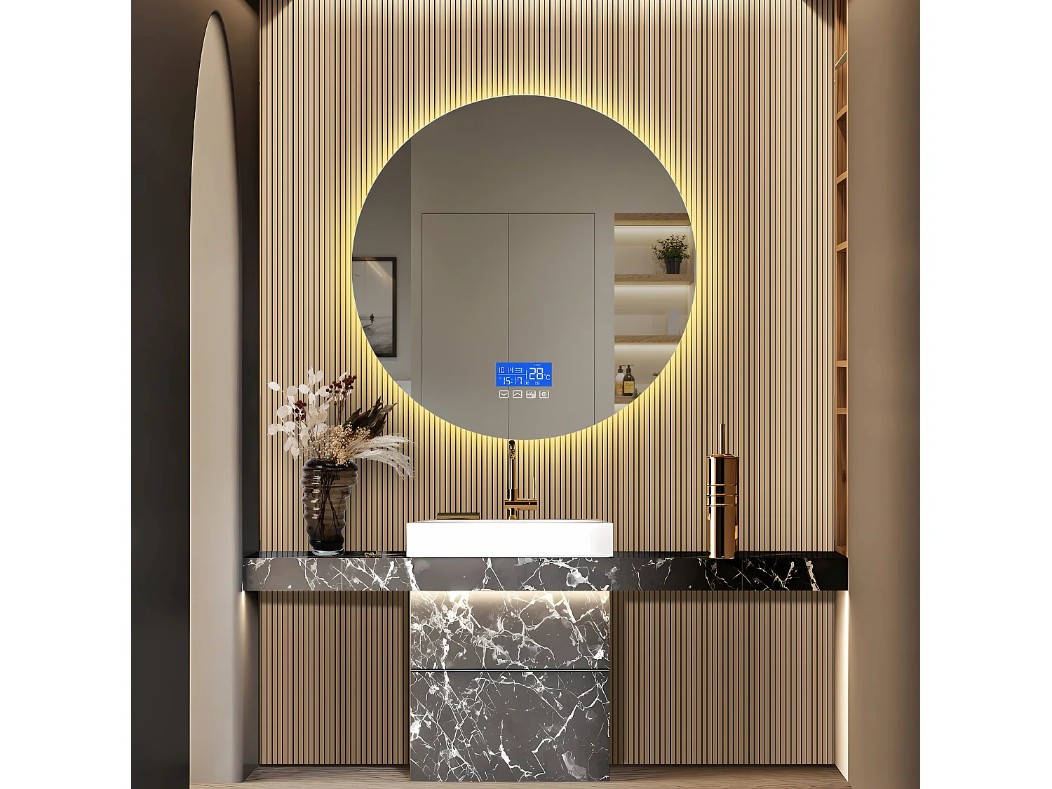 Espejo de baño, pantalla de temperatura, función antivaho, ajuste de brillo, D100CM