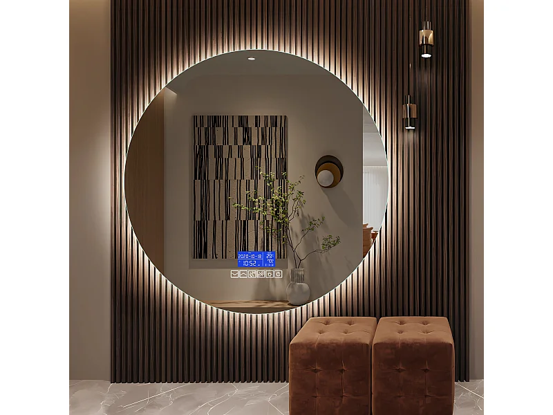 Espelho de banheiro com alto-falante Bluetooth e visor de temperatura, função antiembaçante D100cm