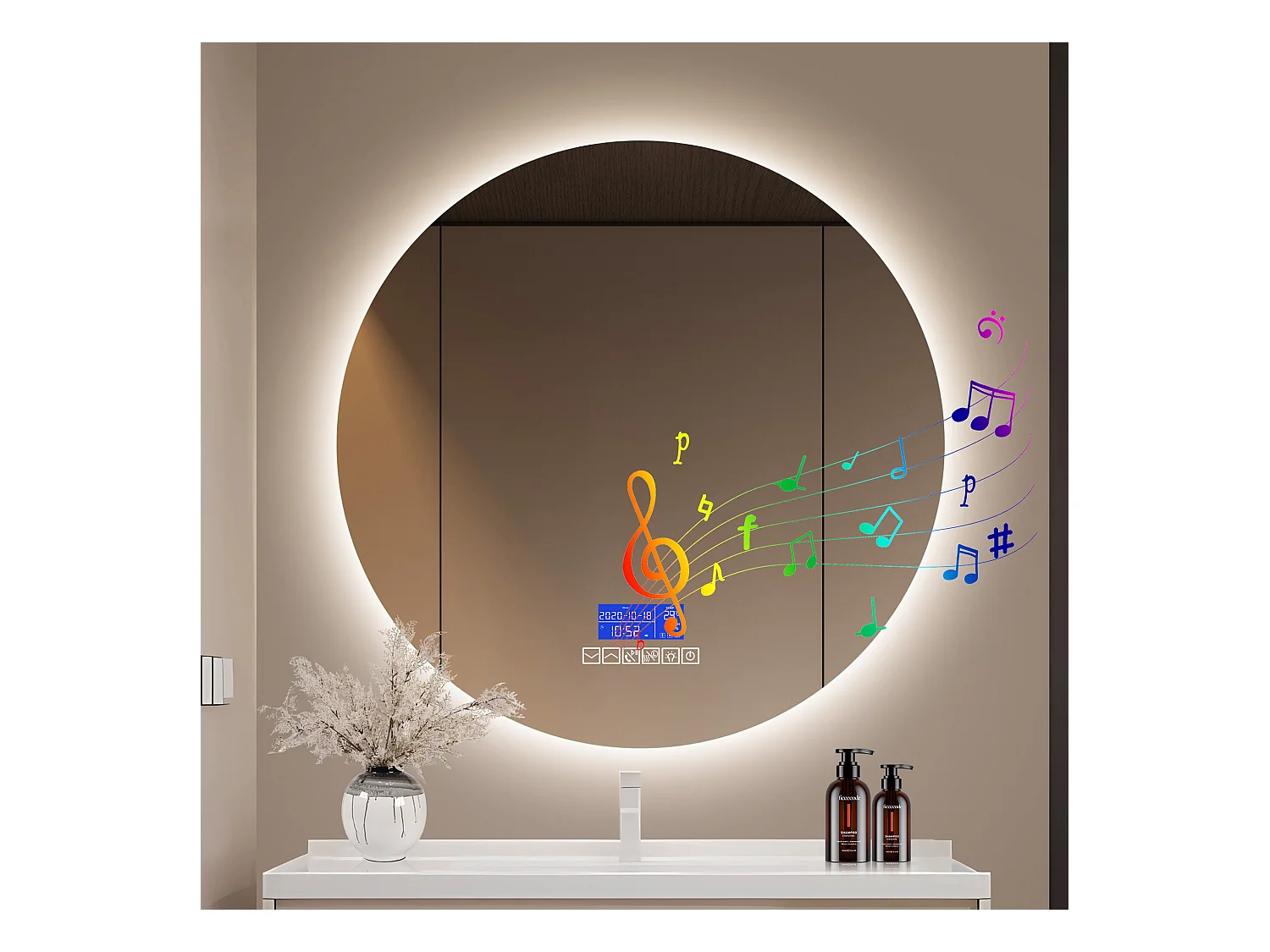 Espelho de banheiro com alto-falante Bluetooth e visor de temperatura, função antiembaçante D100cm