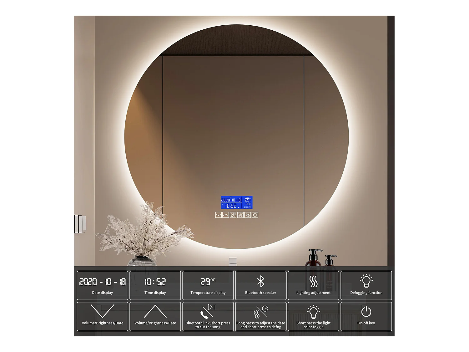 Espelho de banheiro com alto-falante Bluetooth e visor de temperatura, função antiembaçante D100cm