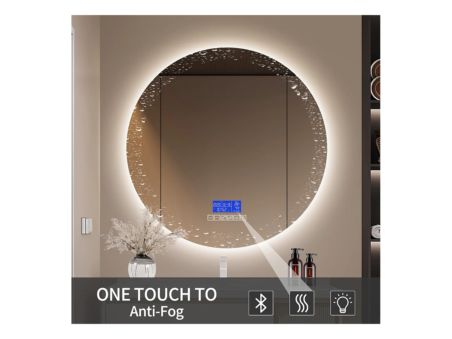 Espelho de banheiro com alto-falante Bluetooth e visor de temperatura, função antiembaçante D100cm