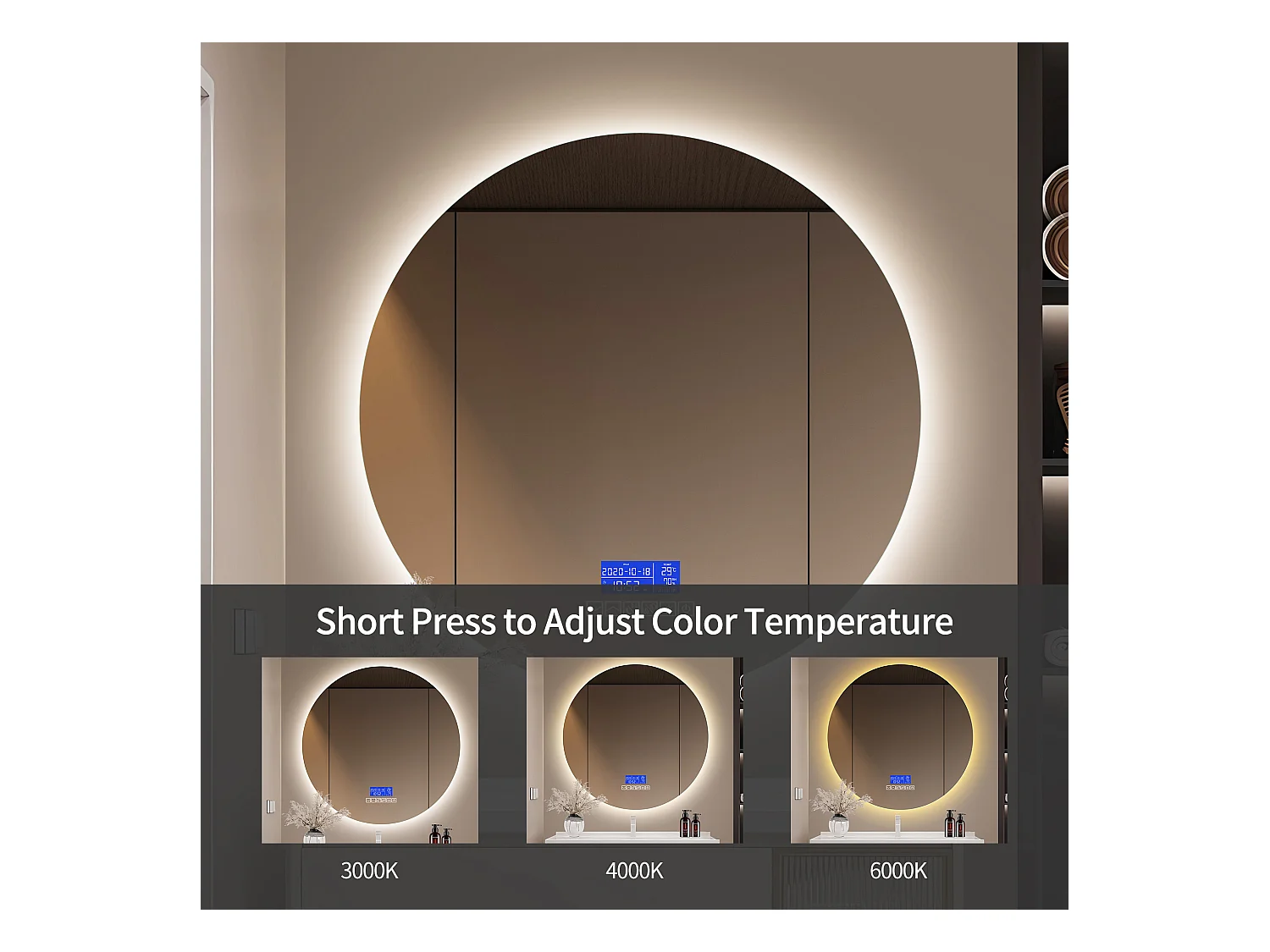 Espelho de banheiro com alto-falante Bluetooth e visor de temperatura, função antiembaçante D100cm