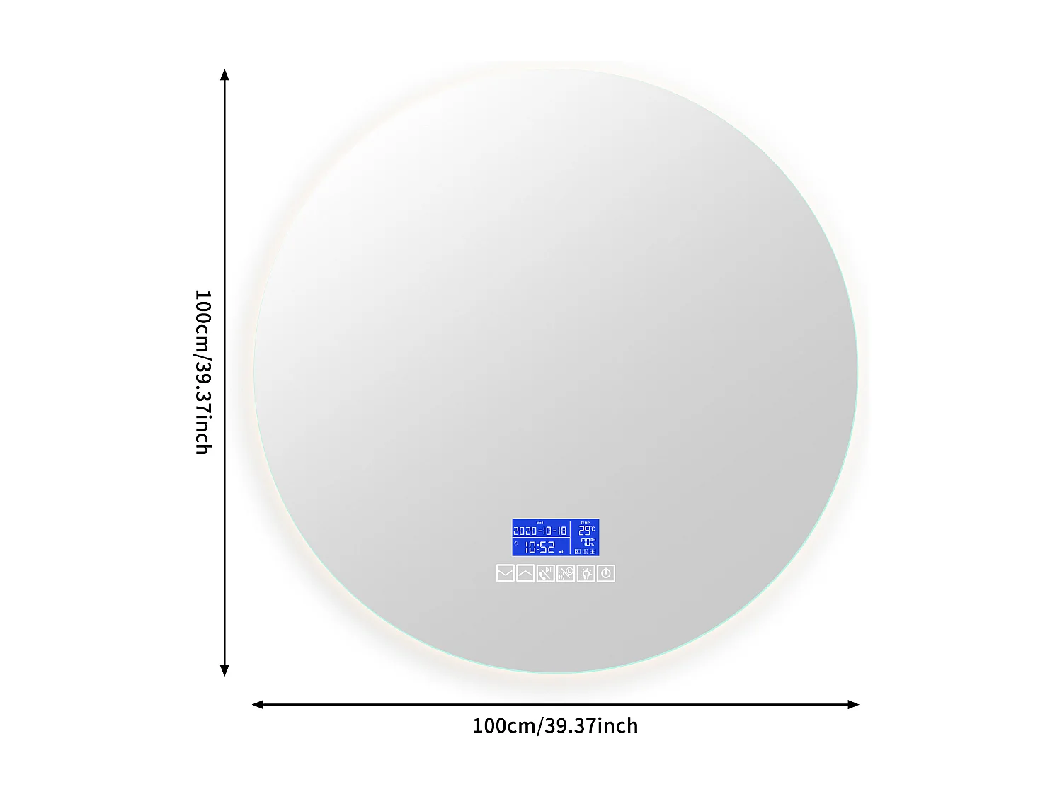 Espelho de banheiro com alto-falante Bluetooth e visor de temperatura, função antiembaçante, 100 cm de diâmetro.