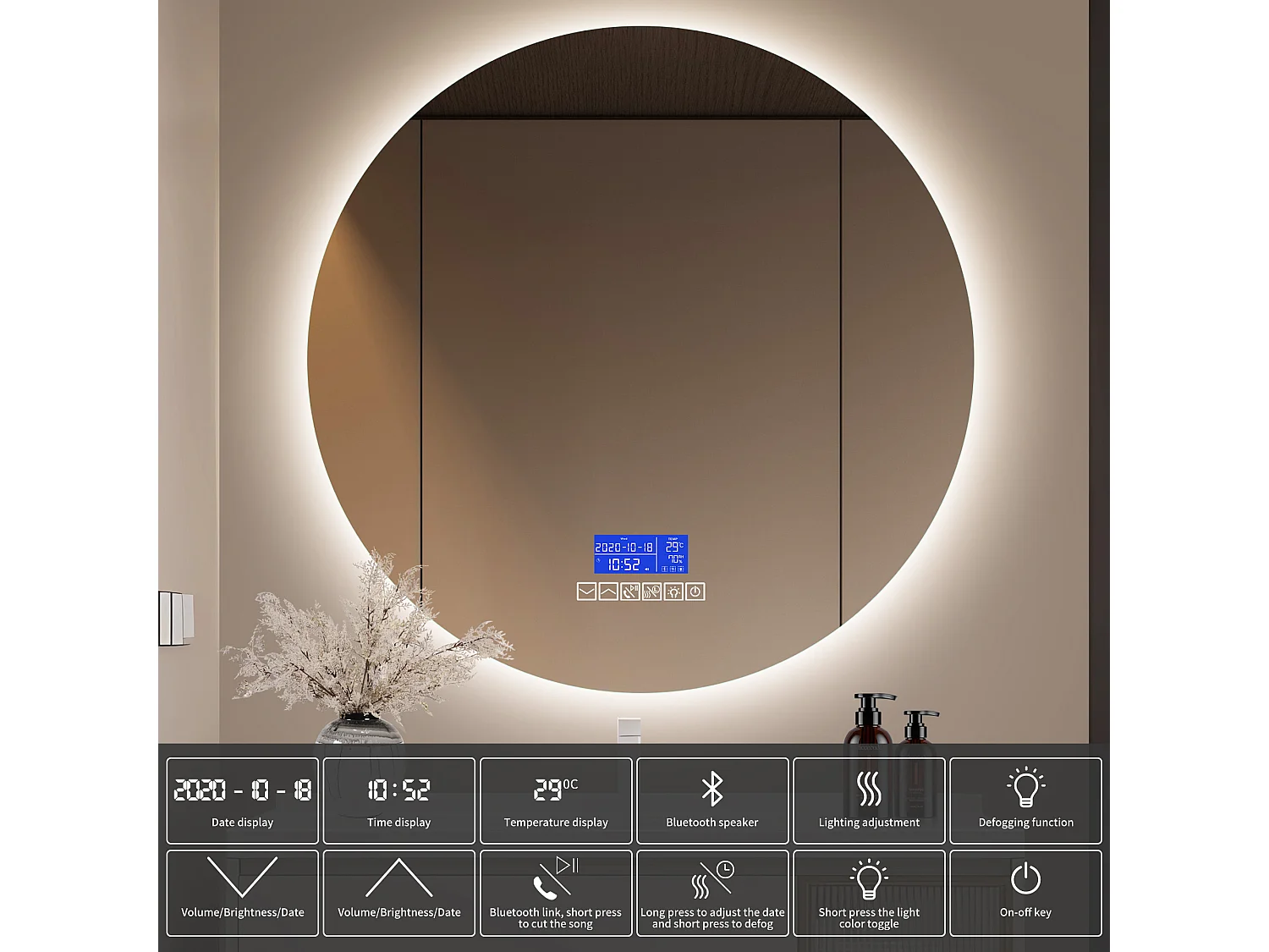 Espelho de banheiro com alto-falante Bluetooth e visor de temperatura, função antiembaçante, 100 cm de diâmetro.