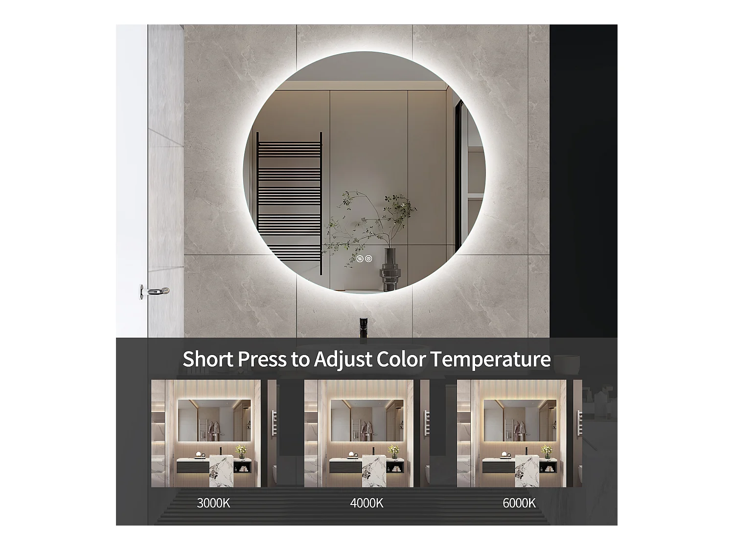 Espelho de banheiro, função antiembaçante, ajuste de brilho em três velocidades, D60cm