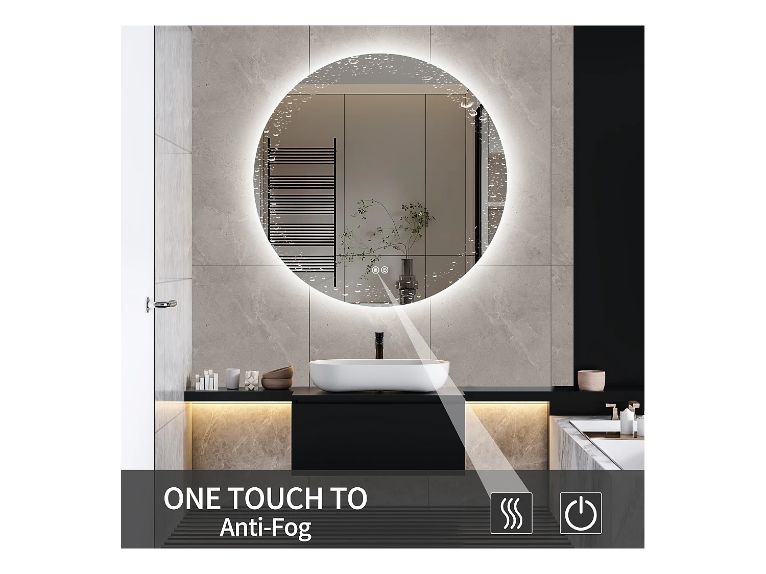 Espelho de banheiro, função antiembaçante, ajuste de brilho em três velocidades, D60cm