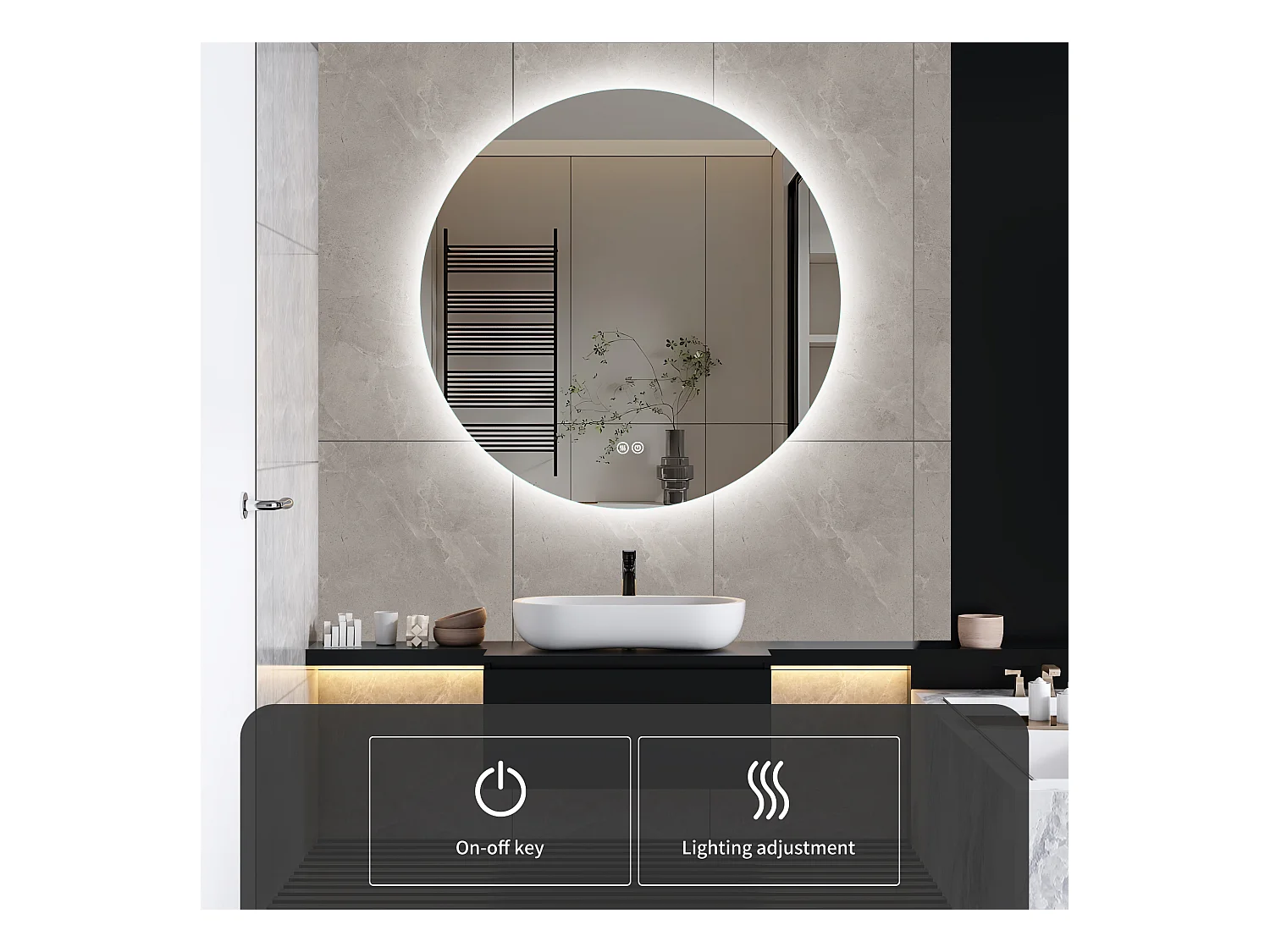 Espelho de banheiro, função antiembaçante, ajuste de brilho em três velocidades, D60cm