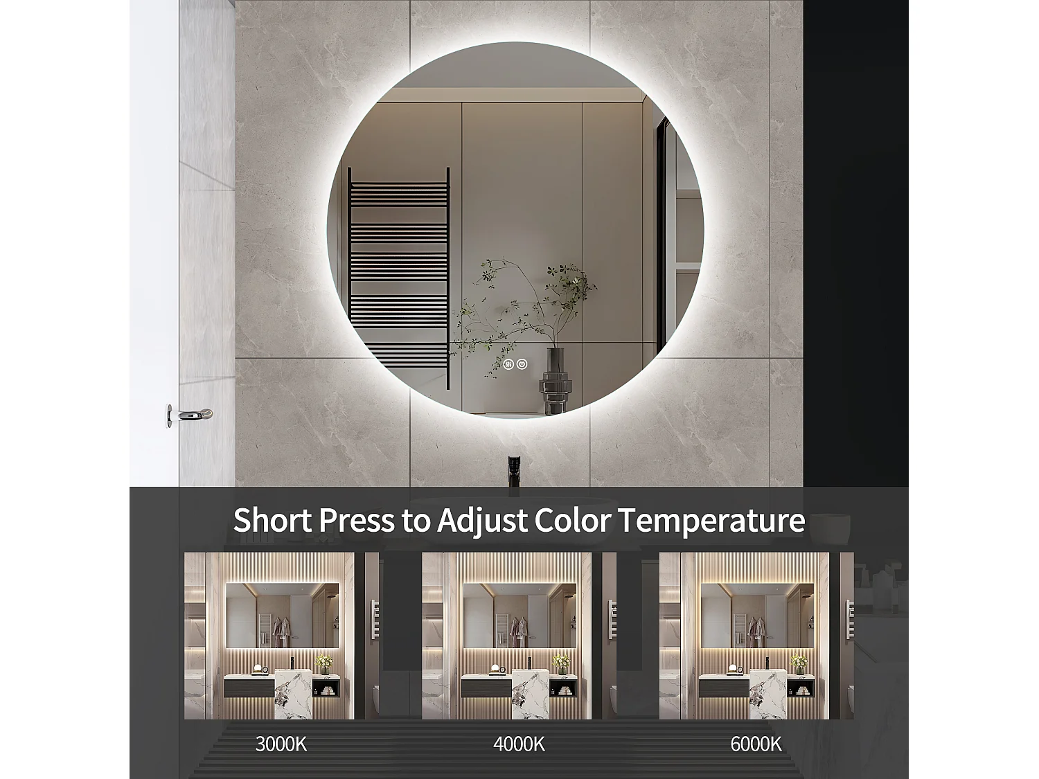 Miroir de salle de bain, fonction antibuée, réglage de la luminosité à trois vitesses, D80cm