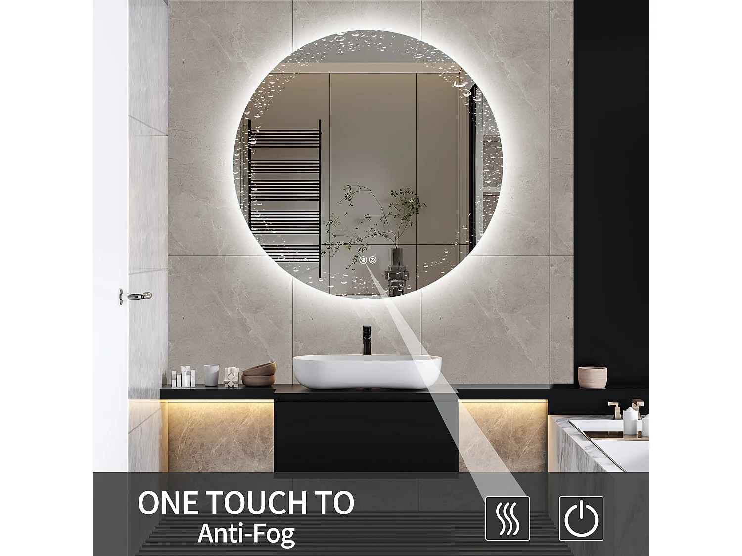 Miroir de salle de bain, fonction antibuée, réglage de la luminosité à trois vitesses, D80cm