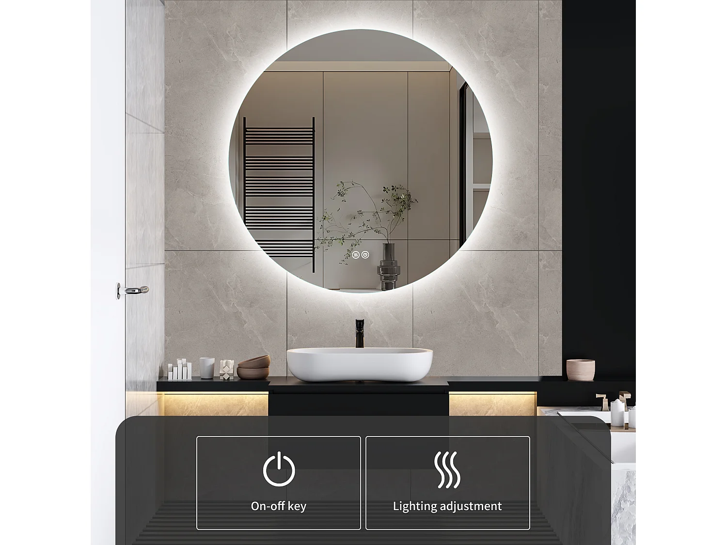 Miroir de salle de bain, fonction antibuée, réglage de la luminosité à trois vitesses, D80cm
