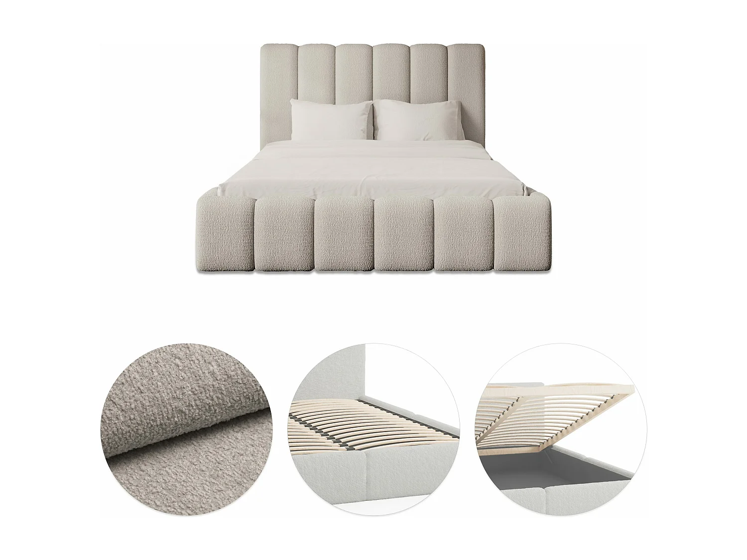 LIT REMBOURRÉ avec coffre et matelas Andorf 200x200 cm, Beige clair (Abriamo 3 – Bouclé)