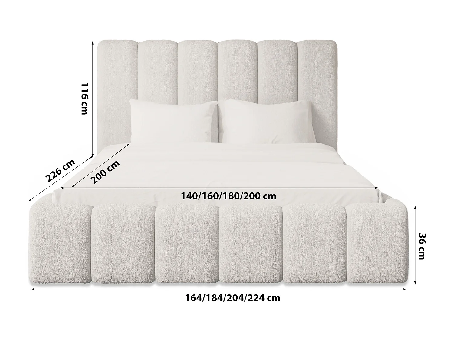 LIT REMBOURRÉ avec coffre et matelas Andorf 200x200 cm, Beige clair (Abriamo 3 – Bouclé)